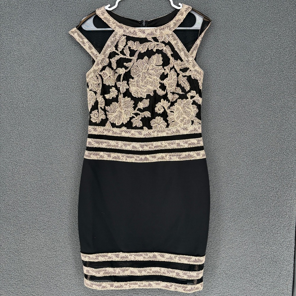 Tadashi Shoji Black Gold Floral Lace Sheath Cocktail Dress Size 10